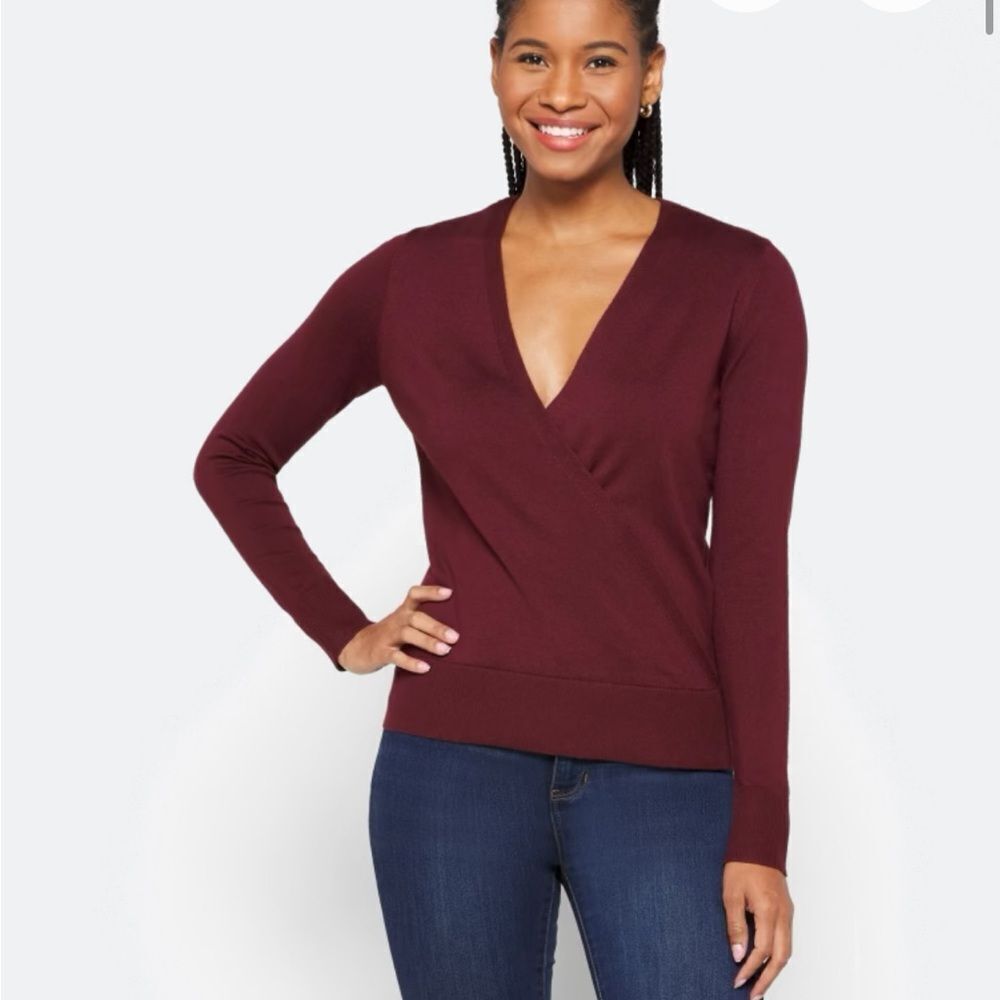 LETY & ME Alesia Surplice Sweater burgundy faux wrap top